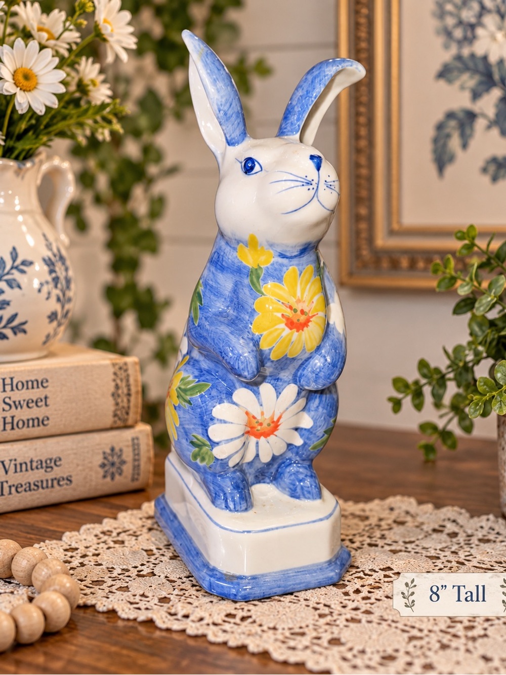 Vintage Andrea by Sadek Floral Bunny Rabbit Figurine 8” Blue White Porcelain